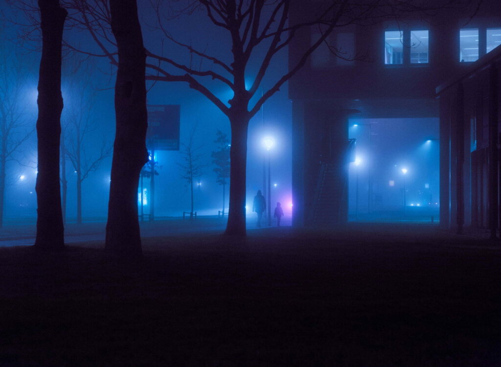 People Are Walking Through A Park On A Foggy Night 