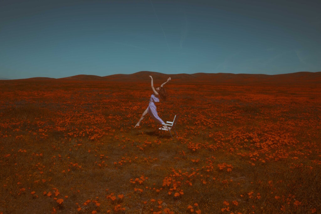 Woman Stepping Off A Chair In A Field Of Red Flowers