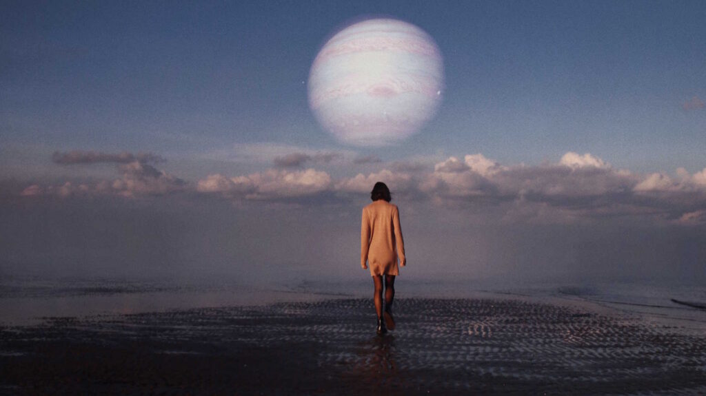 Woman Walking Abstractly With Clouds And A Planet On The Horizon